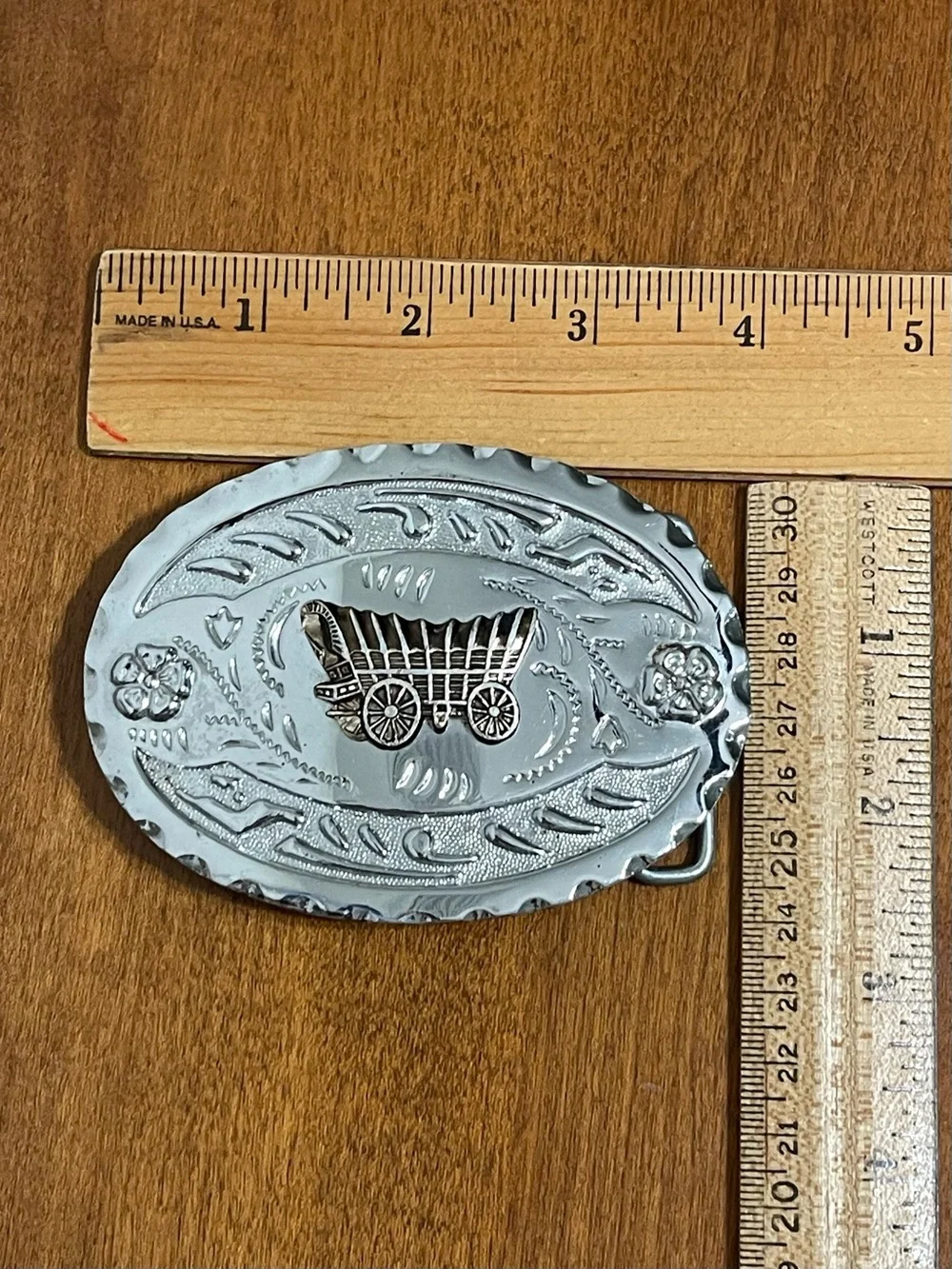 Western Covered Wagon Belt Buckle Oregon Trail Pioneer 2 Tone Silver Lightweight